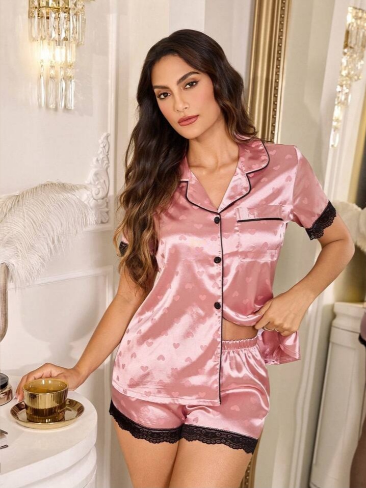 LuxeNights Heart Pattern Faux Silk Lace Trim Lapel Short Sleeves Set For Women